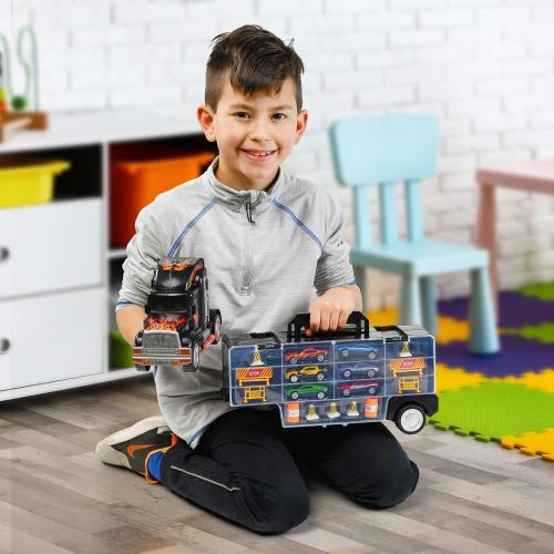 Toy Truck Car Carrier - Includes 6 Toy Cars and Accessories, Fits 28 Toy Car Slots - Great Gift for Boys and Girls - Original - By Play22