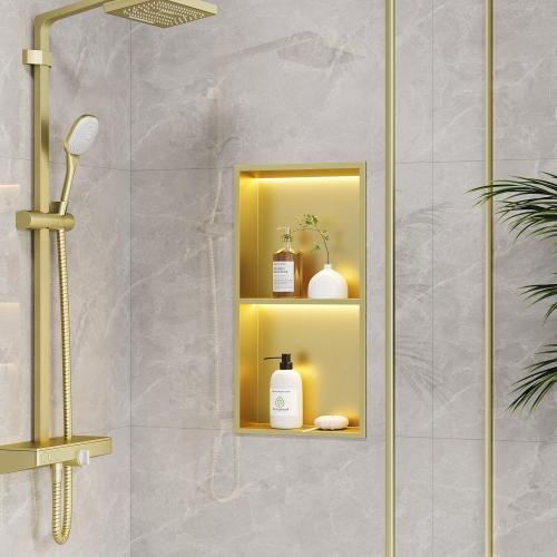 Neohomee 2-Tiers 12x24 Shower Niche with LED Light Strips, Golden Recessed Wall Cabinet, Stainless Steel Wall Niche for Shower Wall, Waterproof NO Tile Needed Storage Organizer (3000K LED Light)
