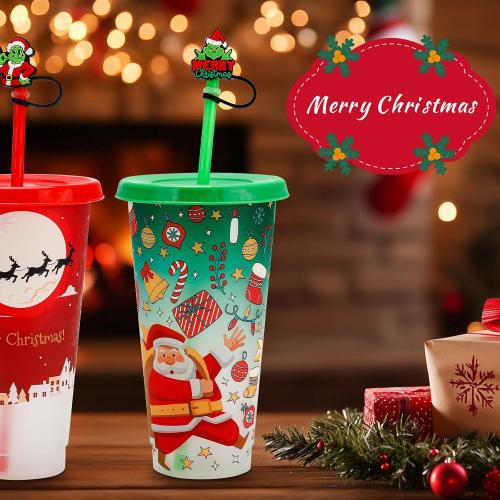 Christmas Color-Changing Cups 5-Pack – 24oz Reusable Plastic Tumblers with Lids, Straws & 5 Straw Covers for Merry Xmas, Holiday Parties & Secret Santa Gifts