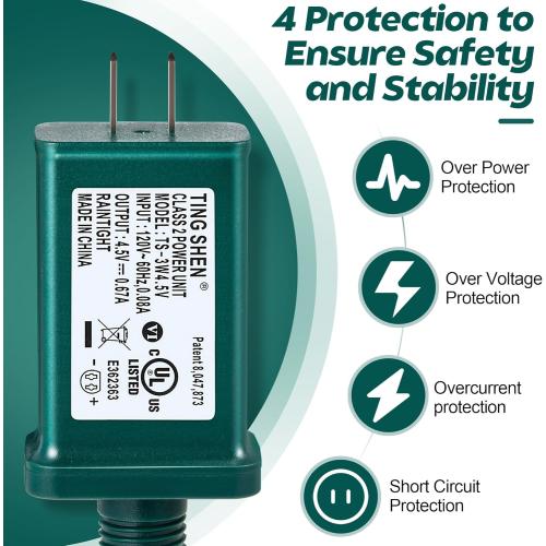 Enhon 4.5V 3W LED Power Supply, TS-3W4.5V UL Listed LED Transformer Replacement Class 2 Power Supply, Low Voltage Transformer US Plug Adapter for Christmas Tree Light and LED String Light, Green