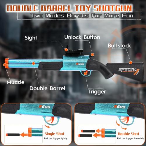 Toy Gun Double Barrel Toy Shotgun,with 40 Soft Bullet Darts and Goggles,Foam Dart Blaster with Scope,Christmas Birthday Gifts for Kids Adults Boys Age 8  (Blue)