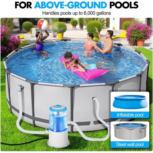 KimPump 1000 GPH Light-Up Pool Filter Pump for Above Ground Pool|Built-in Blue LED Light,Transparent Housing for Real-Time Water Circulation &Filtration Monitor, Pool Cartridge Filter Pump System Cyan