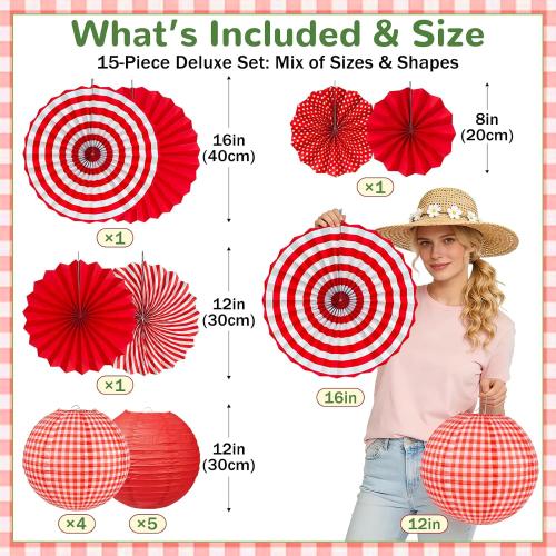 15 Pcs Red Gingham Party Decorations, 12 Inch Hanging Paper Lanterns and Fans for Picnic, BBQ, Pizza Party, Crawfish Boil, Birthday, Baby Shower, Graduation