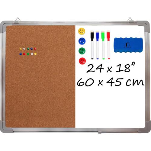 Combination Whiteboard Bulletin Board Set - 24 x 18 in Dry Erase/Cork Board with 1 Magnetic Dry Eraser, 4 Markers, 4 Magnets and 10 Thumb Tacks - Combo Tack Board White Board for Home Office Desk