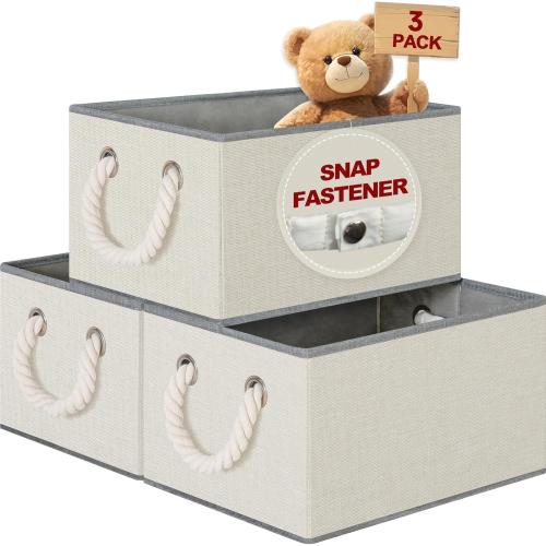 Extra Large Fabric Storage Bins for Shelves with Handles 3 Pack | Storage Baskets for Shelves and Closet Organizers | Folding Rectangle Storage Bins for Cloth and Magazine,Beige,16.5Wx12.5Dx10H