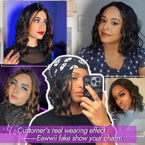 Black Mix Brown Short Wavy Wig for Women Lace Hairline Bob Style Synthetic Heat Resistant - Natural Appearance for Everyday Hairstyle 14 Inch