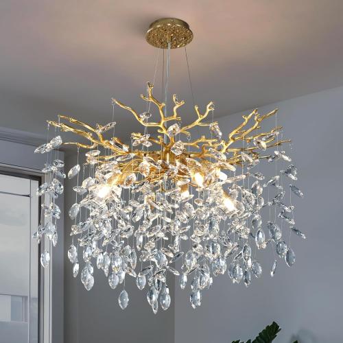 YUYI 23.6 Modern Gold Tree Branch Crystal Chandelier, 8-Light Round Raindrop Pendant Lighting for Dining Room Living Room Bedroom Kitchen Foyer Entryway, Luxury K9 Crystal Statement Light Fixture