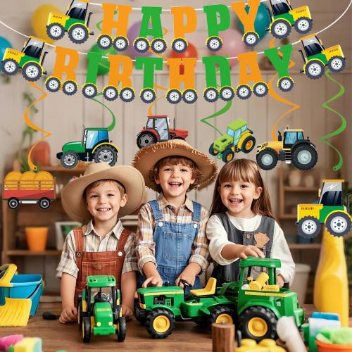 Tractor Birthday Decorations, Cute Farm Themed Happy Birthday Banner, Boy Girl Funny Party Supplies with Banner and Hanging Swirl