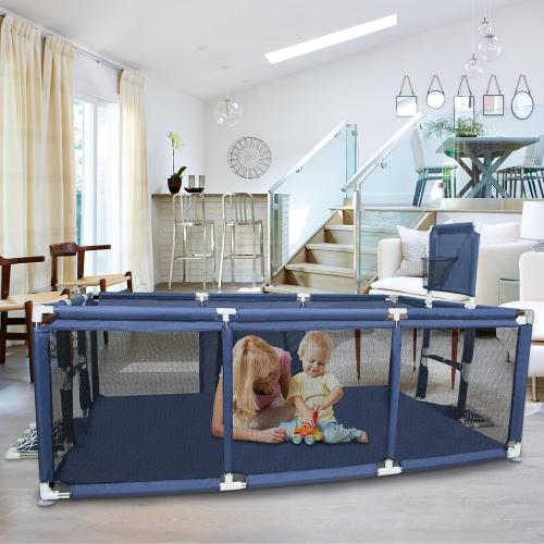 Baby Playpen Large Playpen for Babies and Toddlers, Sturdy Baby Ball Pit w/Basketball Hoop Soccer Net, Indoor Outdoor Children's Fence Play Pen Activity Center Play Area, Infant Safety Gates(Blue)