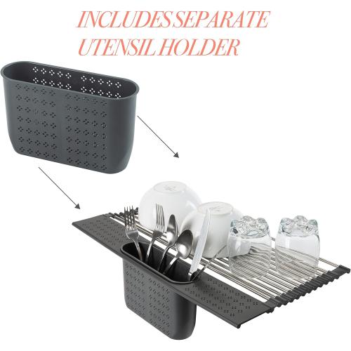Kitchen Details Over The Sink Drying Rack with Utensil Holder | Roll Up for Storage | Stainless Steel | Drain Tray | BPA Free | Food Safe | Space Saving | Grey