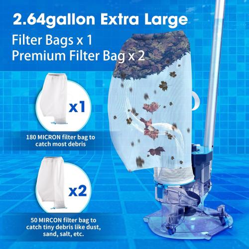 Pool Vacuum with Dual Filter Bags Bundle, PoolCent Heavy-Duty Cordless Leaf Eater with 50 Microns Premium Mesh Bag