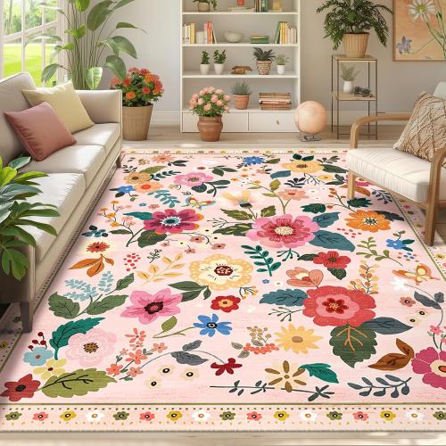 Floral Nursery 8x10 Area Rugs Washable Print Boho Cute Carpet Non Slip Flower Low Pile for Living Room Kids Girls Playroom Bedroom Kitchen Office Farmhouse-Pink