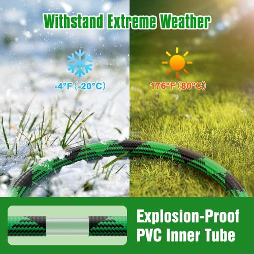 Green and Black Garden Hose Non-Expandable Water Hose with 10 Function Nozzles, Portable, Kink-Free, Outdoor and Garden Flexible Hose Pipe for Car Wash, Yard, Camper, Lawn, Lightweight Long Hose