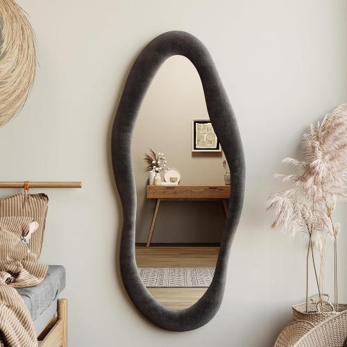 Honyee 55 x 24 Wavy Mirror, Flannel Wrapped Wooden Frame, Irregular Hanging for Cloakroom/Bedroom/Living Room, Black