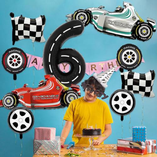 Number 6 Race Car Balloons, 43 Inch Race Car Party Decorations, Wheel Tire Balloon, Black and White Checkered Foil Balloons for Boys 6th Birthday Party Decoration - Pack of 9