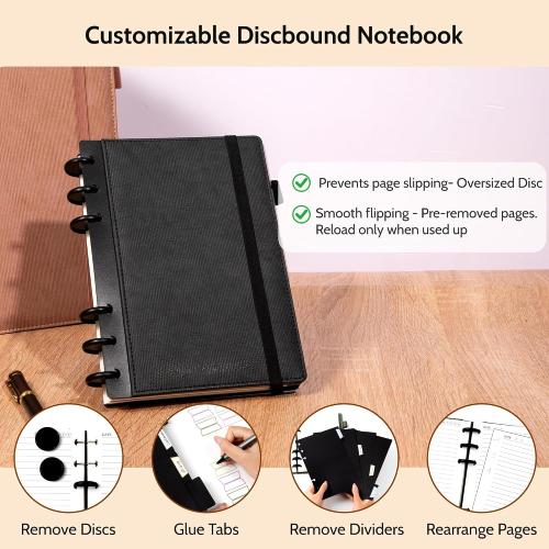 Yoment Leather Notebooks for Work Refillable 224 Page Lined Journal for Men, 100 GSM Thick 5 Subject Notebook with Removable Dividers Tabs Hardcover Notebook for School Note Taking 6.1 x 8.3,Black