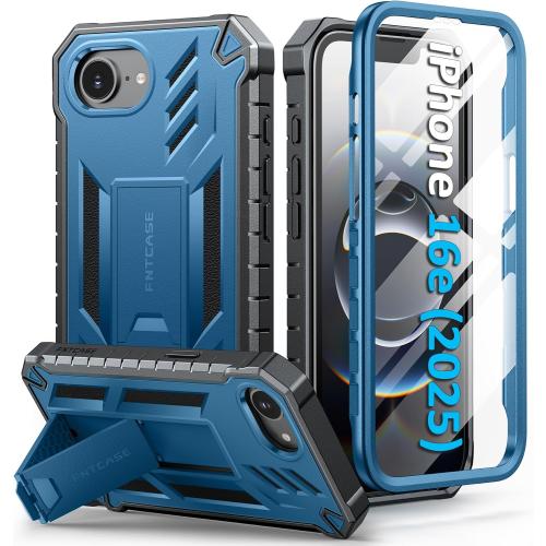 FNTCASE for iPhone 16e Phone Case: Military Grade [Built-in Screen Protector] [Kickstand] Matte Textured Drop Proof Protection Cover | Rugged Shockproof TPU Protective Sturdy Cases 2025 - Blue | Military Grade, with Kickstand, Matte Textured, Rugged, Shoc