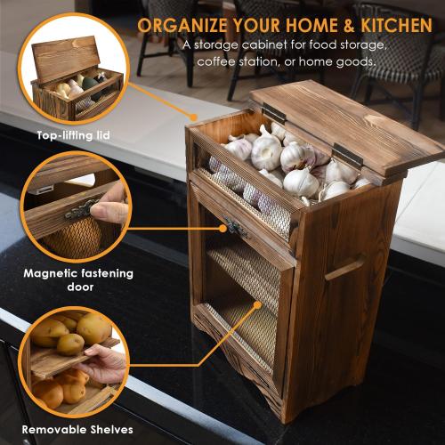 Ikee Design Free Assemble Wooden Countertop Potato and Onion Storage Bin Box,Countertop Cabinet, Wooden Bread Boxes, Potato Storage, Coffee Station,11.8W x 6.8D x 16H in, Rustic Color