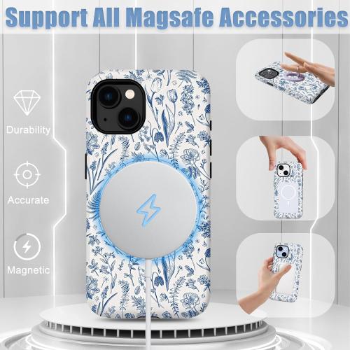 Compatible for iPhone 15 Plus Case Vintage Blue Flowers Florals Cute Aethetic Design for Women Girls [Compatible with Magsafe] Rugge 2-in-1 Layer Shockproof Anti-Scratch Phone Case