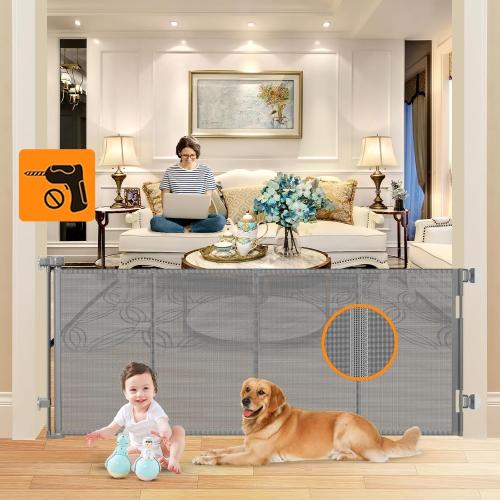 Upgrade 80” No Drill Retractable Baby Gates for Doorways No Drilling Mesh Gate with Support Rod - Prevent Bottom Escape Large Baby Gate No Drill Retractable Gate Outdoor Retractable Pet Gates for Dogs