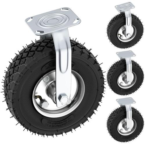 10 Inch Pneumatic Casters Set of 4 (2 Swivel/2 Rigid),Heavy Duty Casters,Tolerable 1300 LBS,Rubber Knobby Tread for Workbench, Cart, Trolley,Wagon and Shelves
