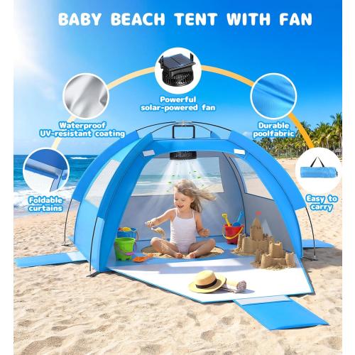 Baby Beach Tent Solar Cooling Fan, Anti-UV Toddler Beach Tent Sun Shelter Portable Travel Fan Beach Shade Tent, Baby Play Tent Built-in Ceiling Fan Sun Shelters Toddler Beach Essentials Blue