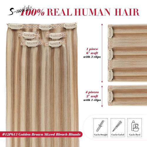 Short Clip in Hair Extensions Real Remy Human Hair,S-noilite Short Hair Extensions Clip ins,Mini Clip in Extensions for Add Volume and Highlights,5 Pieces 36g 10 inch Golden Brown Mixed Bleach Blonde