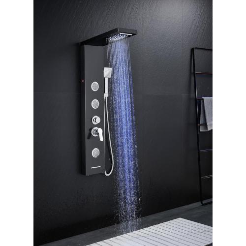 Multi-Function LED Lights Shower Panel System Black, 5 in 1 Shower Panel Include Rainfall & Waterfall Shower Head, 3 Pcs Adjustable Massage Jets, Handheld Shower, Tub Spout