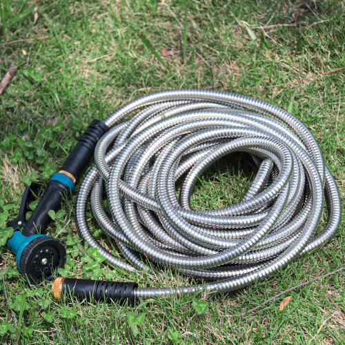 Garden Hose 25FT Stainless Steel Water Hose with 10 Functions Adjustable Spray Nozzle, Heavy-Duty Metal Garden Hose Flexible Durable No-Tangle & Kink Leak Dog Proof Hose for Yard Lawn(Blue)