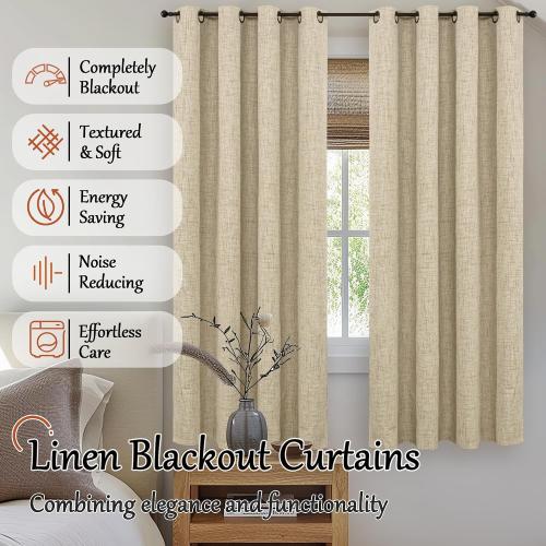 Faux 100% Blackout Curtains for Bedroom 63 Inch Length 2 Panels, Thermal Insulated Total Light Blocking Noise Reducing Linen Window Curtains for Nursery, Bronze Grommet, Each 52 Wide, Burlap