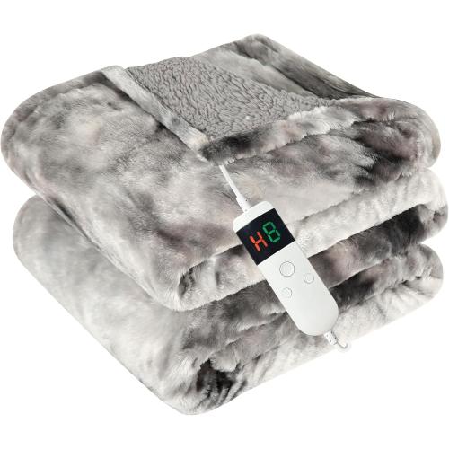 Electric Heated Blanket Throw 50''x60''Size Faux Fur Heating Blanket 10 Heating Settings, 1-8h Timer & Overheat Protection, Machine Washable, Soft Flannel and Sherpa Full Body Warmth