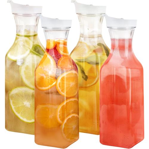 GUSTO [50 oz - 4 Pack] Plastic Carafe with Lid, Large Capacity Square Base - Clear Pitcher with Flip Top Lid, Easy-Pour Spout Juice Containers with Lids, Hand Wash Only - Perfect for Mimosa Bar