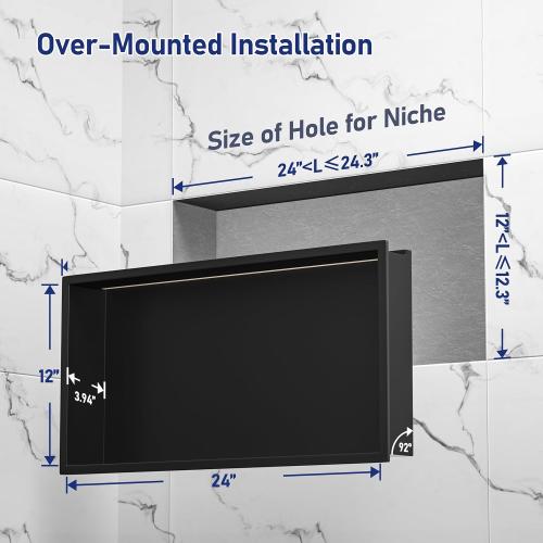 Led Shower Niche 24 X 12 Matte Black 304 Stainless Steel with Lighting Waterproof No Tile Need Shower Shelf for Bathroom Recessed Wall Shelf Horizontal Niche