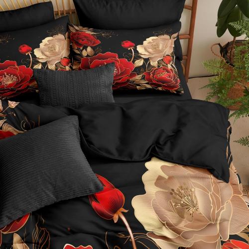 Vintage Floral Comforter Set Queen Size, Black Red Luxurious Penoy Bedding with Golden Leaves for Adult Women, 3Pieces Soft Microfiber Quilted Set with 2 Pillowcase, 90“x90
