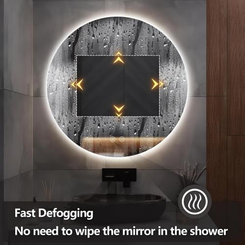 Niccy Round Led Mirror for Bathroom, 30 Circle Frameless Backlit Mirror wiht Light, Anti-Fog, 3 Colors, Waterproof, Memory Function
