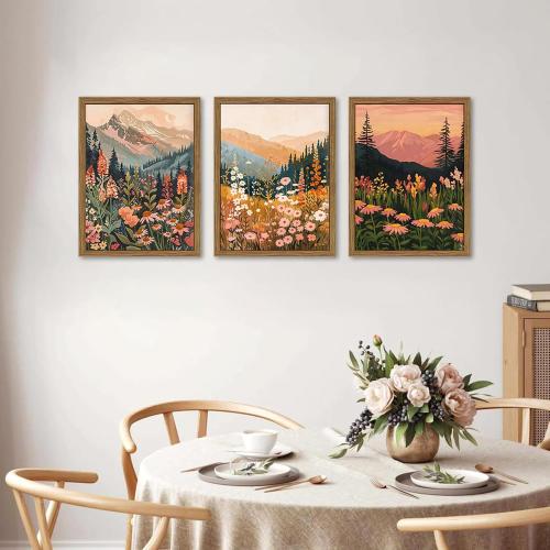 Boho Colorful Landscape wall art Wildflower Mountain Wall Decor Vintage Floral Forest Paintings Rustic Nature Pictures Canvas Prints for Living Room Bedroom Dining Room 16x24 Inch Wood Framed