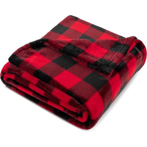 PAVILIA Black and Red Buffalo Plaid Fleece Throw Blanket for Couch, Soft Checkered Flannel Blanket for Sofa, Plaid Christmas Couch Throw Bed, Warm Cozy Decorative Blanket Fall Decor Gift, 90x90