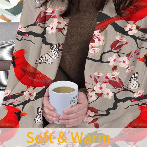 JOOCAR Flannel Throw Blanket Cardinals Birds Cherry Flowers Cozy&Soft Plush Blankets for Bed Couch Living Room Sofa Chair