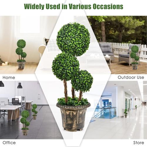 Artificial Boxwood Topiary Tree, 2.5ft Triple Ball Shaped Faux Topiary Tree w/Weighted Pot, Metal Frame, Fake Green Potted Plants Decoration for Indoor/Outdoor/Home/Office, Set of 2
