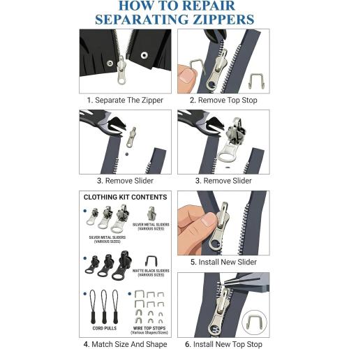 Universal Zipper Repair Kit - 3-Size Double-Sided Zippers Slider Replacement with Zipper Pull for Jackets, Luggage, Backpacks & Outdoor Gear | No-Sew Installation