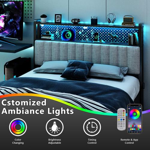 VINGLI Full Size Headboard Only, Upholstered Head Board with 2 Tier Shelves and Pegboard with Charging Stations and LED Lights, Modern Bed Headboard with Storage for Bedroom Decor, Linen Gray