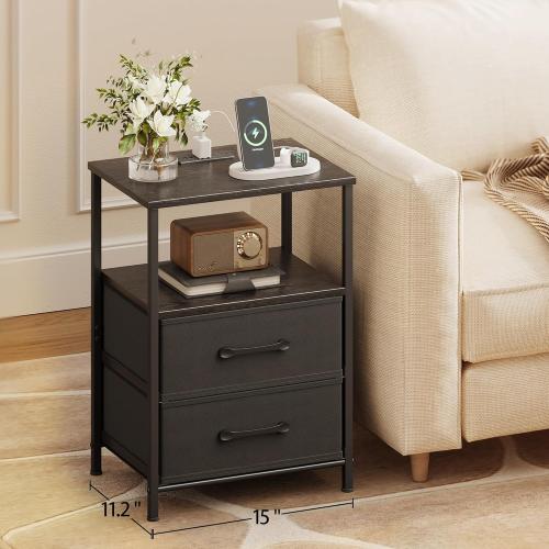 Nightstands Set of 2, Night Stand with Charging Station, Bedside Table with 2 Fabric Drawers for Bedroom, Small Side End Table with Open Shelf, Black