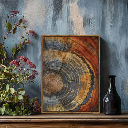 BingruiArt Faux Wood Tree Ring 03 Canvas Wall Art 12x16 Framed | Boho Abstract Nature Wall Decor, Red and Gold Abstract Wood Grain Print, Living Room Bedroom Bathroom or Office