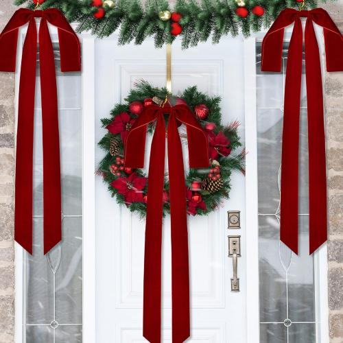 Aneco 6 Pieces Large Burgundy Velvet Christmas Bows 35 x 16 Inch Christmas Swag Bow Pre Tied Fence Staircase Wreath Bows Holiday Tree Topper for Xmas Home Door Outdoor Decorations