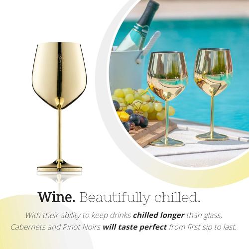 Color Gold Gusto Nostro Stainless Steel Wine Glass - 18 oz Unbreakable Gold Wine Glasses for Travel, Camping and Pool - Fancy, Unique and Cute Portable Metal Wine Glass for Outdoor Events, Picnics (Set of 4)