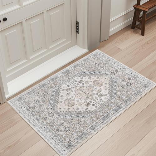 zesthome 10x14 Entryway Rug, Soft Washable Rugs, Non Slip Area Rug, Stain Resistant Low Pile Rugs for Bedroom, Vintage Rug for Door Mat, Kitchen (Beige,10x14)