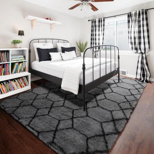 LARGE Area Rugs for Bedroom Living Room, Fluffy Grey and Black Bedside Rug for Nursery Kids Teen Dorm, Soft Shaggy Geometric Plush Fuzzy Indoor Floor Carpet for Home Decor Aesthetic