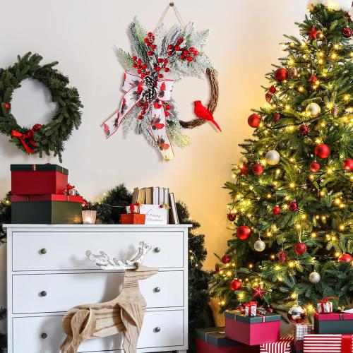 Hoteam 16 Inch Christmas Wreaths for Front Door Cardinal Christmas Ornaments Xmas Winter White Red Bird Berry Clusters Pine Cones Decor for Xmas Holiday Indoor Outdoor Home Window Gift