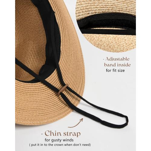 Womens Mens Wide Brim Straw Panama Hat Fedora Summer Beach Sun Hats UPF Straw Hat for Women