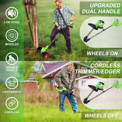 Electric Weed Wacker Cordless Eater 3 Battery,Foldable and Lightweight Grass Trimmer/Brush Cutter,5 Types Blade&Wheels 21V 2.0Ah Battery (3 Pieces) Powered for Garden and Yard (Foldable)